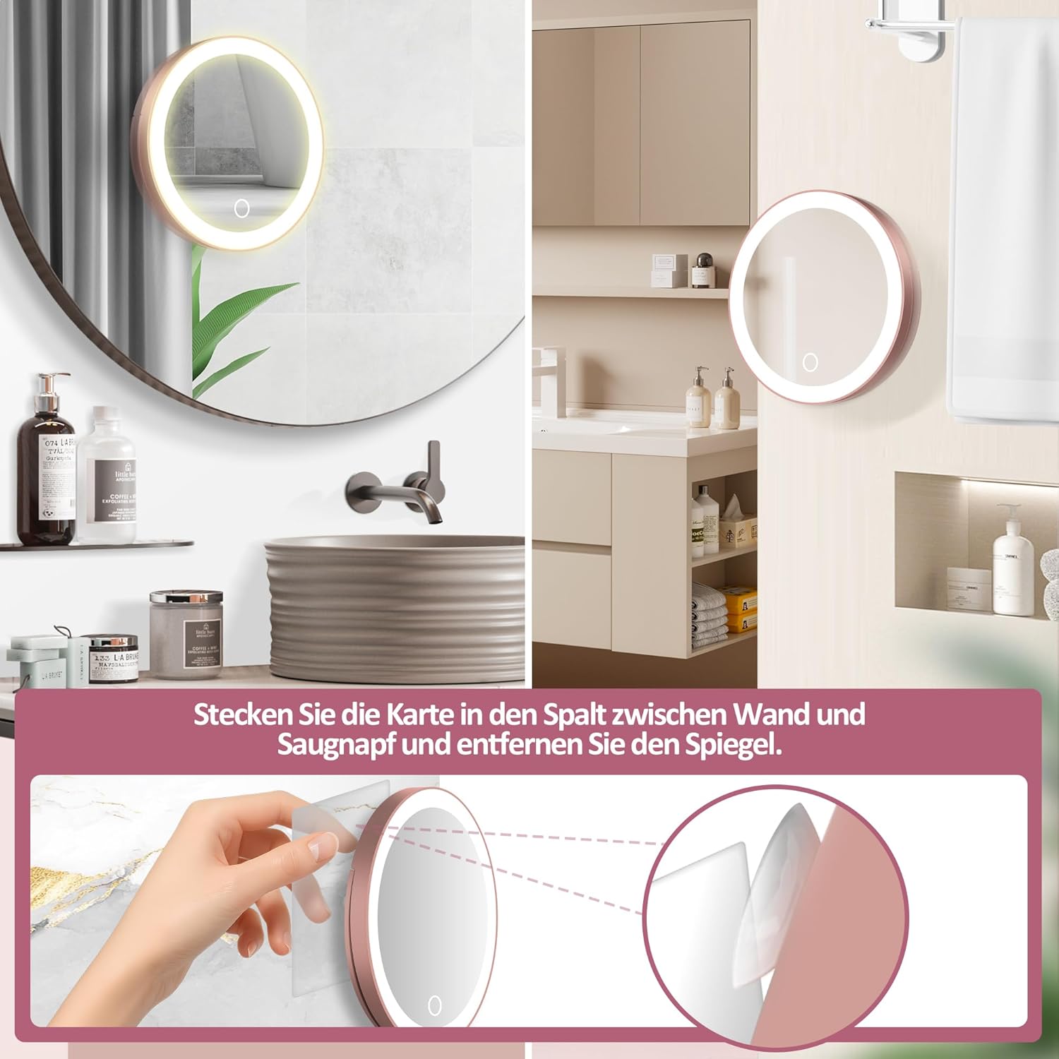 Miroir grossissant - 30x, éclairage LED, ventouse, or rose, maquillage précision