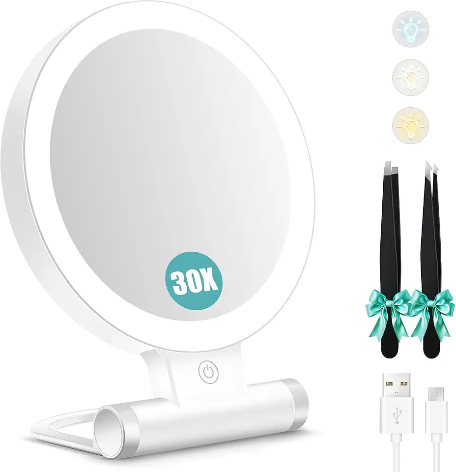 B Beauty Planet - miroir double face, 1X/30X, LED, pliable, 2000mAh
