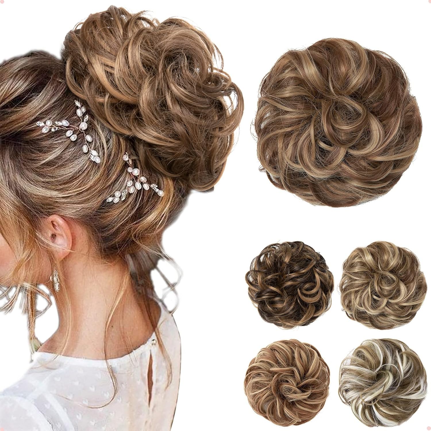 JJstar - Chignon postiche bouclé, élastique, brun & blond miel