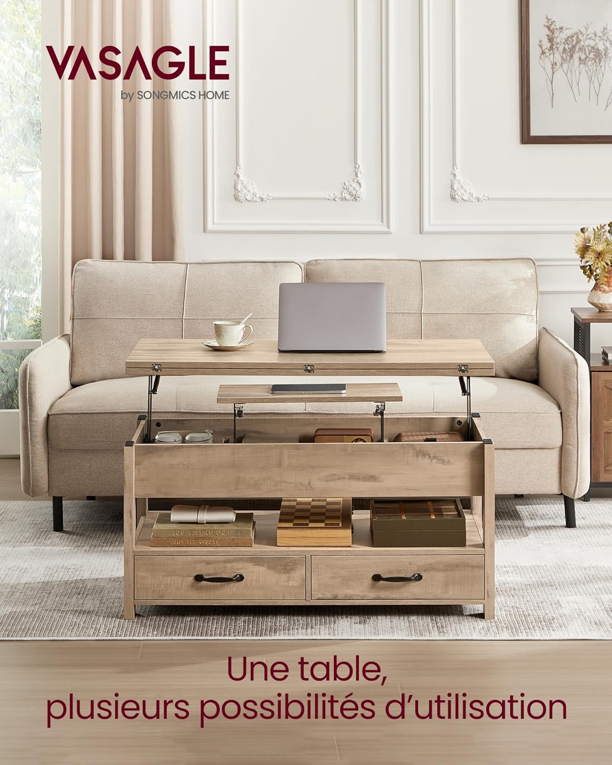 VASAGLE - table basse relevable série LCT - tiroirs, gaz, marron camel - LCT254L01