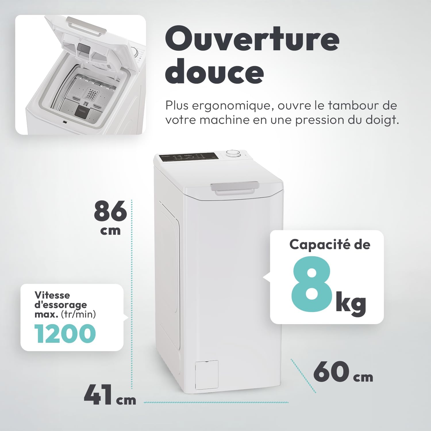 Candy - Lave-Linge Top série - 86x41x60 cm - 8kg, 1200trs/min, WiFi, silencieux - TCAS284TM4-S