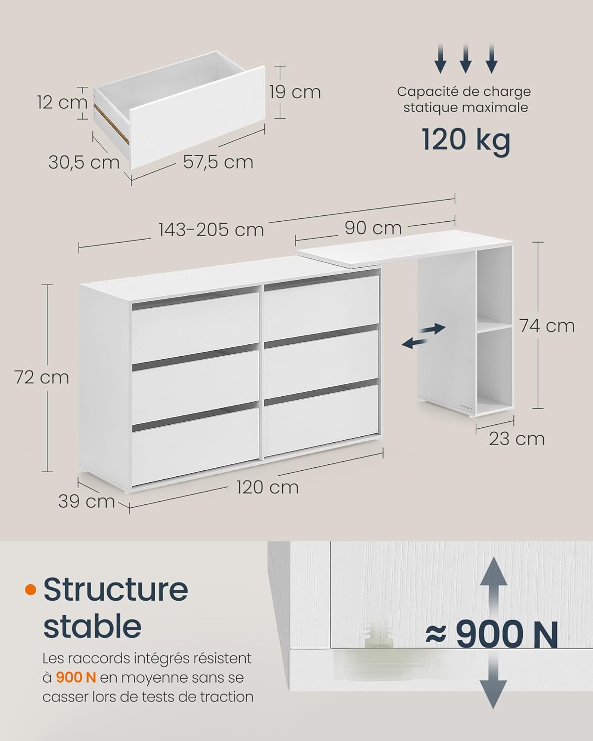 SONGMICS - Coiffeuse Toolless, rangement, étagère, blanc, montage facile LTS656W01