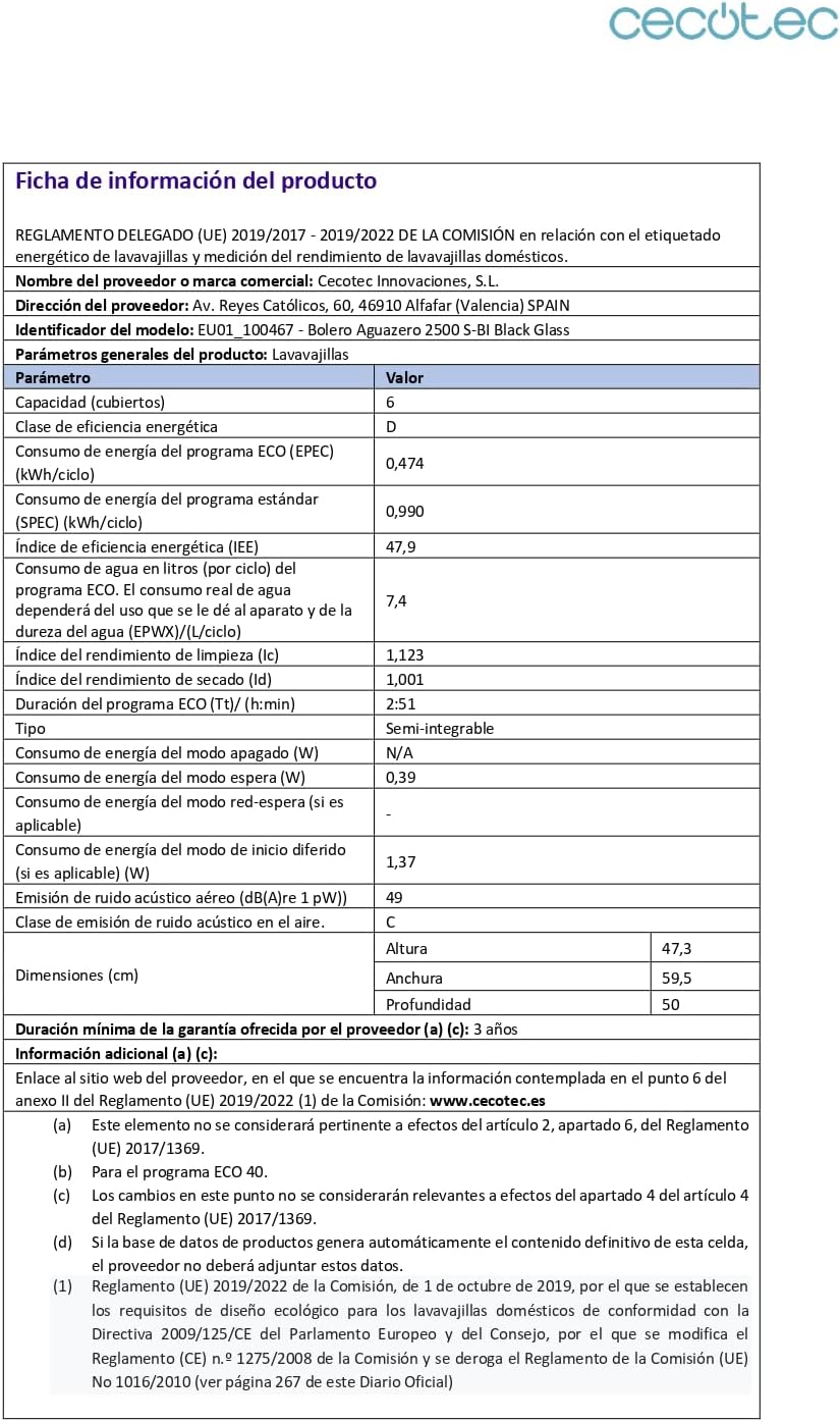 Cecotec - Bolero Aguazero 2500 S-BI - compact 6 couverts - verre noir, basse conso, 5 programmes, départ différé, 2500 S