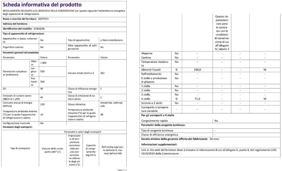 GEDTECH - réfrigérateur combiné 262L, congélateur bas, classe E, GCB262BL