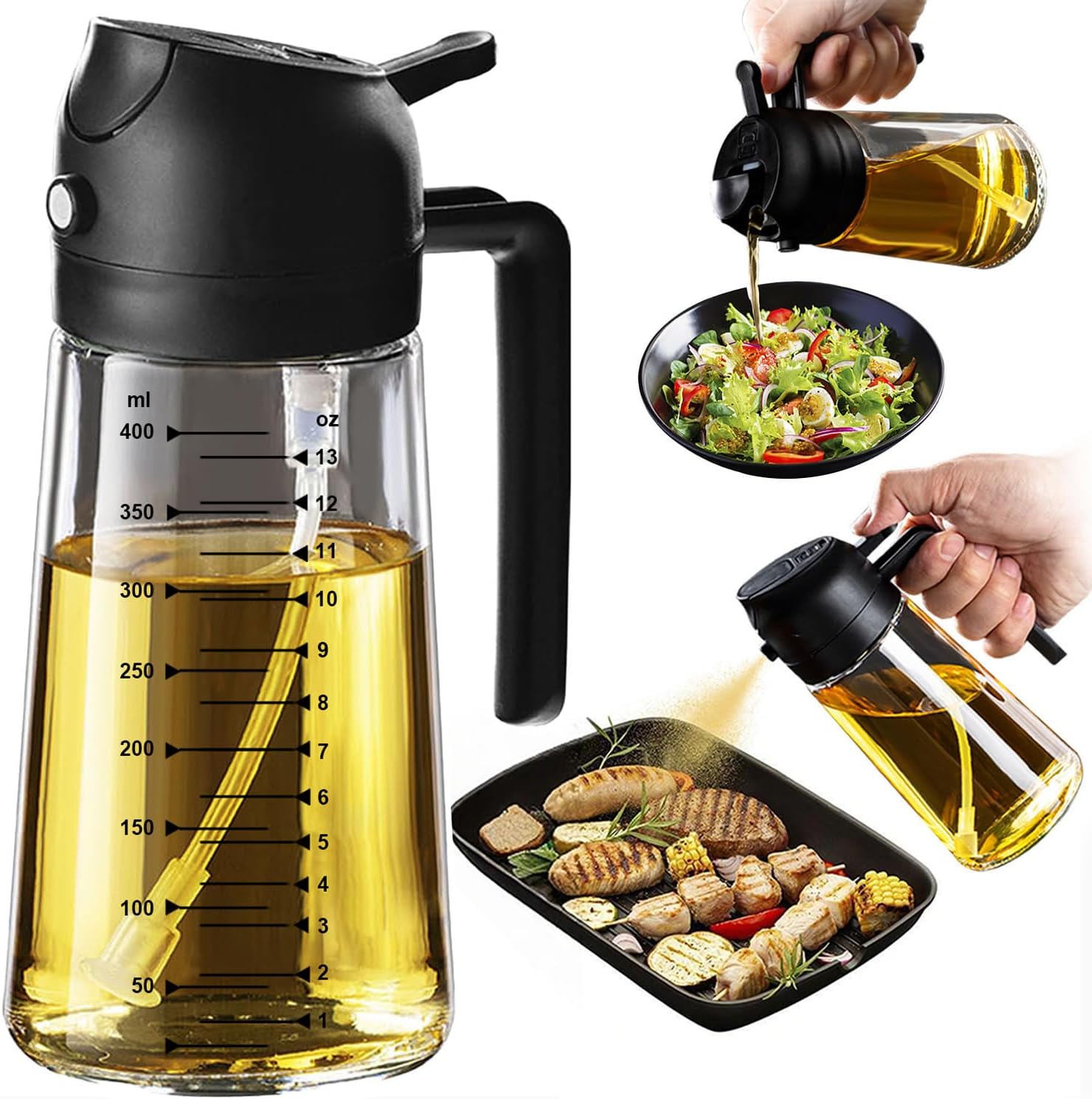 TrendPlain - spray huile cuisine 470ml - vaporisateur 2-en-1, air fryer, accessoire salade, noir
