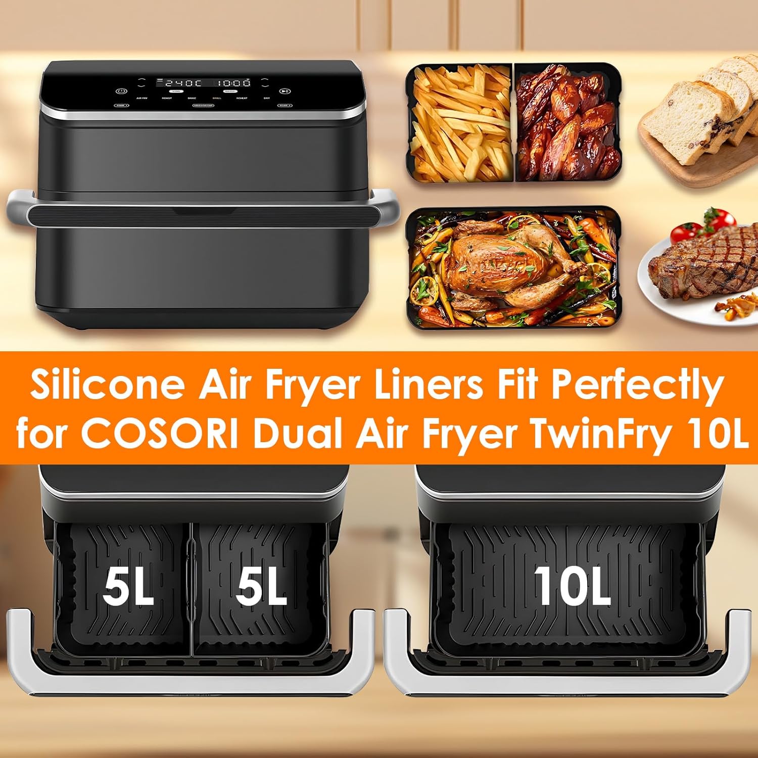 Accessoires Air Fryer - silicone réutilisable, racks, paniers, pour Cosori 10L