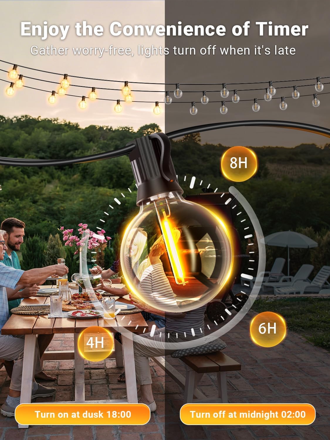 Guirlande Solaire Extérieure - G40 - 7.5m, 10+1 ampoules, 8 modes, IP44