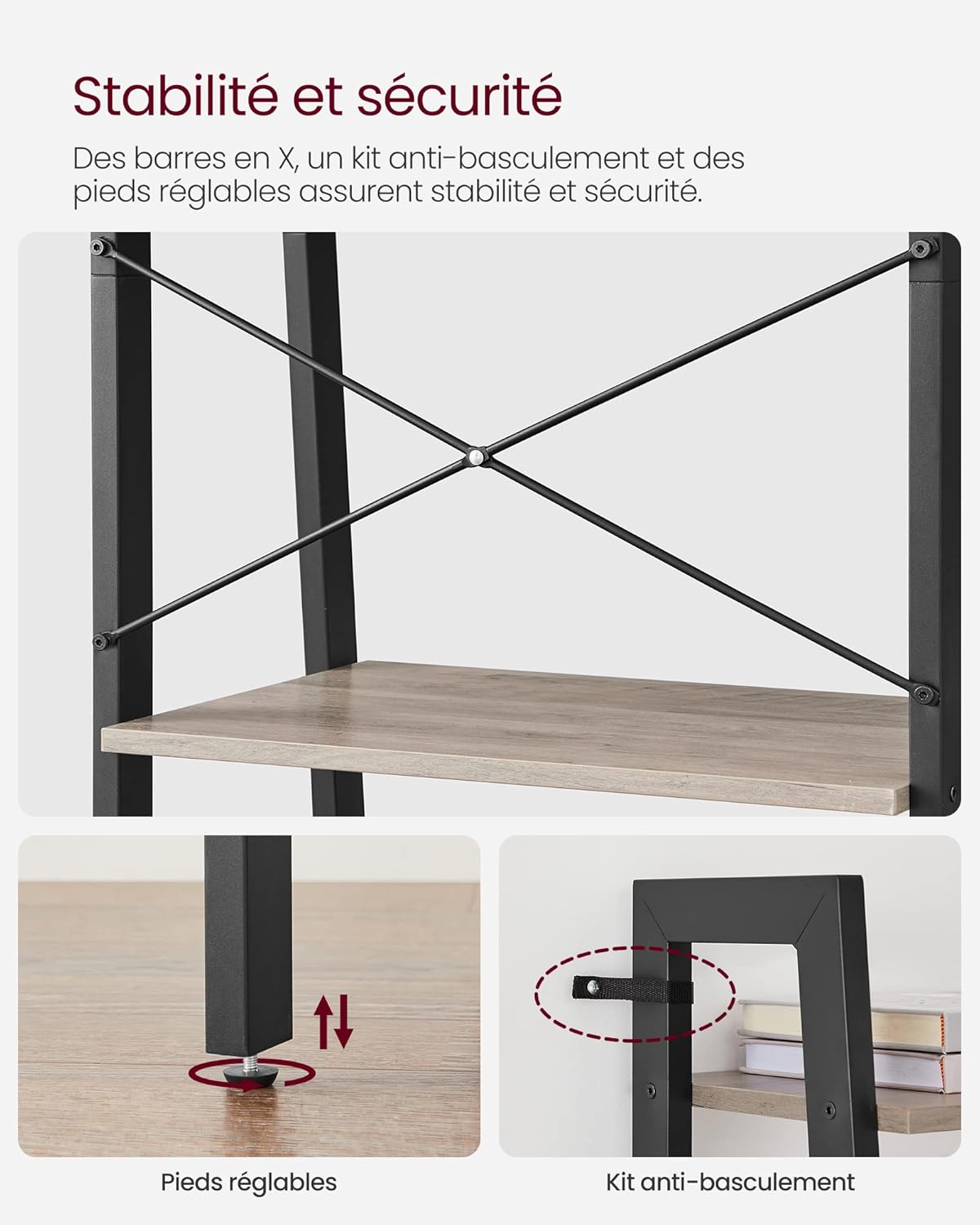 VASAGLE - étagère échelle bois/acier, 34x56x137,5 cm, gris/noir
