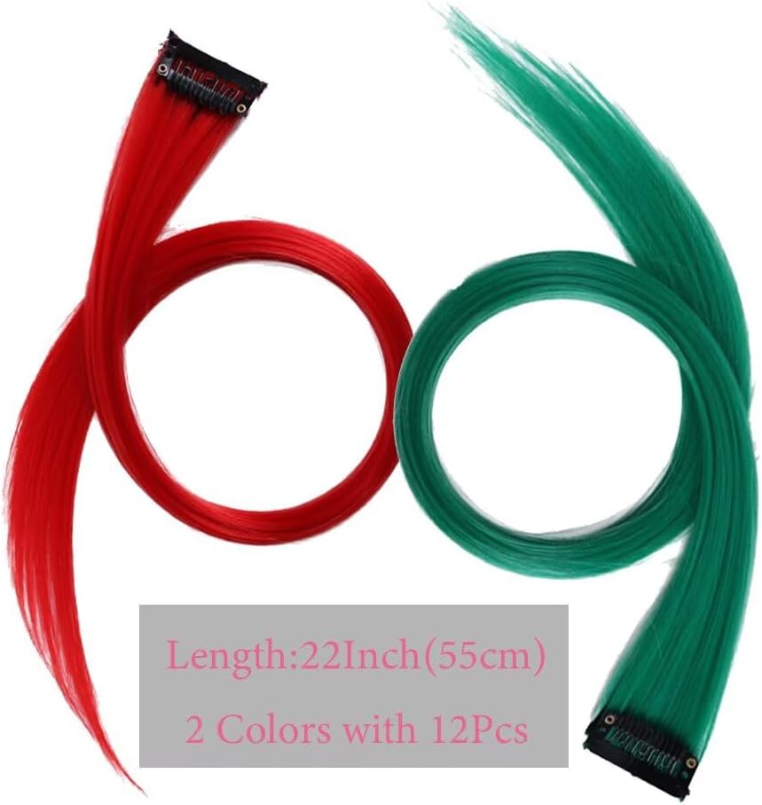 Extension cheveux - 12 pièces, 55cm - mèches rouge/vert herbe à clip, résistantes à la chaleur
