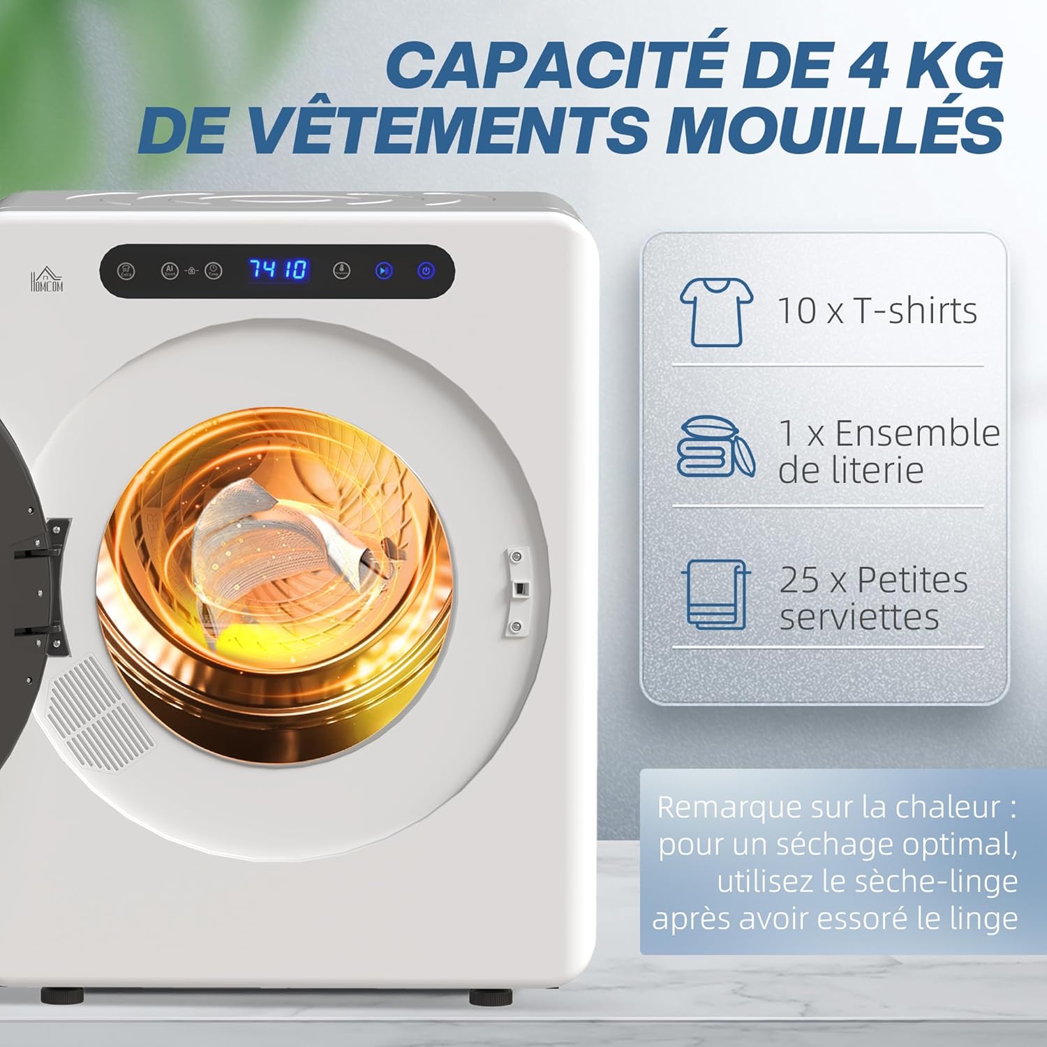 HOMCOM - sèche-linge compact 3 kg, 1000 W, 6 programmes, charge frontale