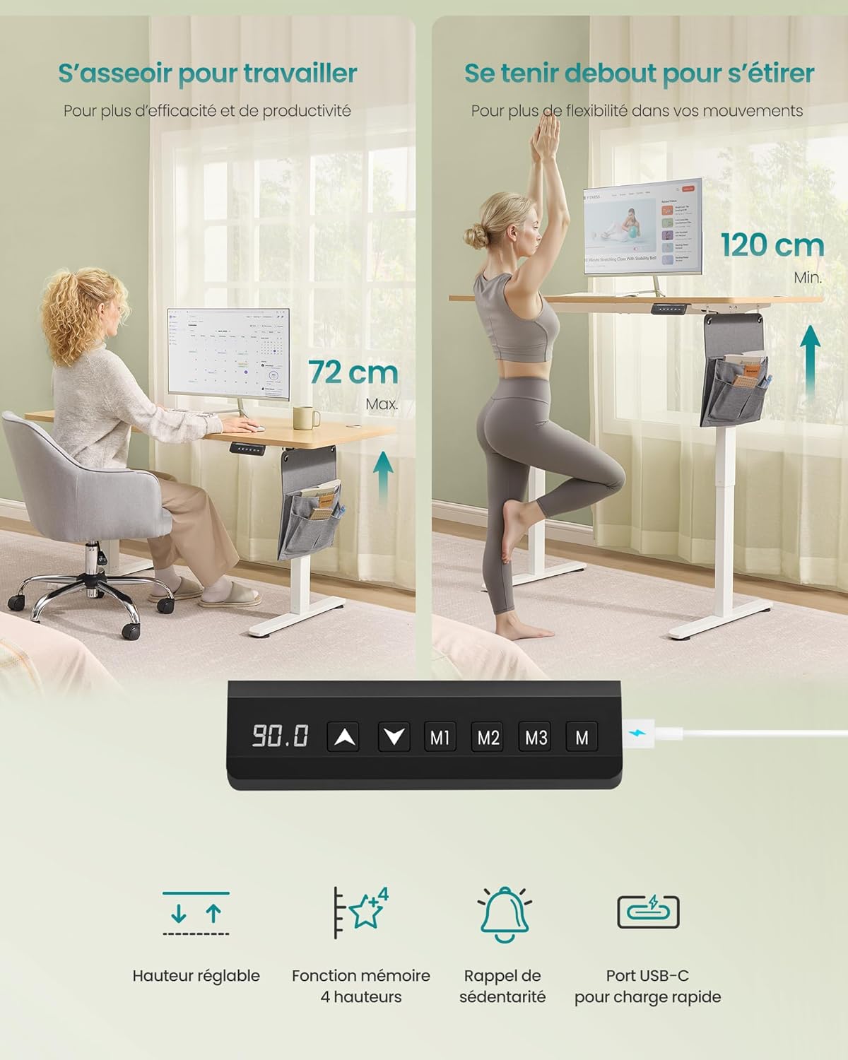 SONGMICS - bureau électrique série LSD - 140x60 cm - hauteur réglable, mémoire 4 positions, doré chêne LSD134YA01