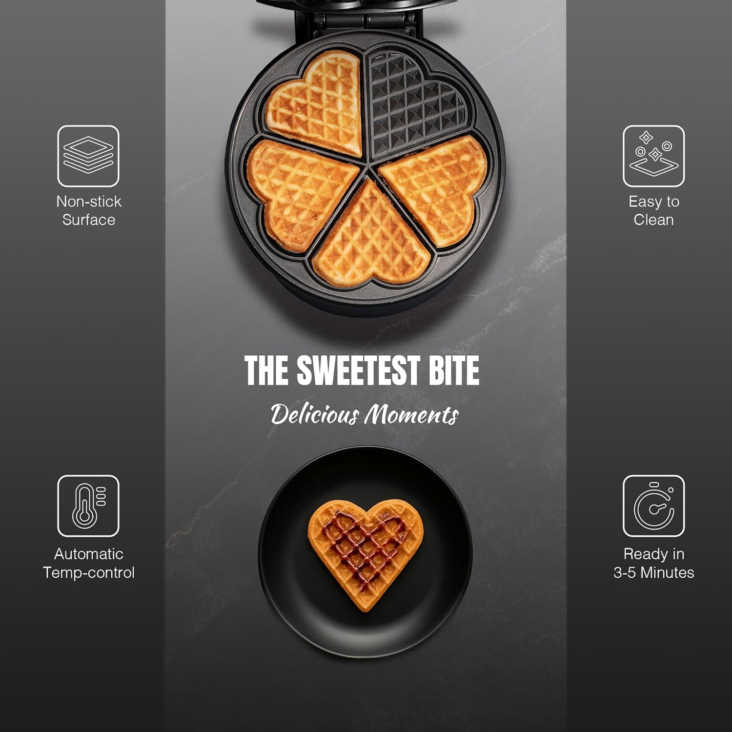 Bestron - Black Label - 700W - gaufrier cœur antiadhésif noir