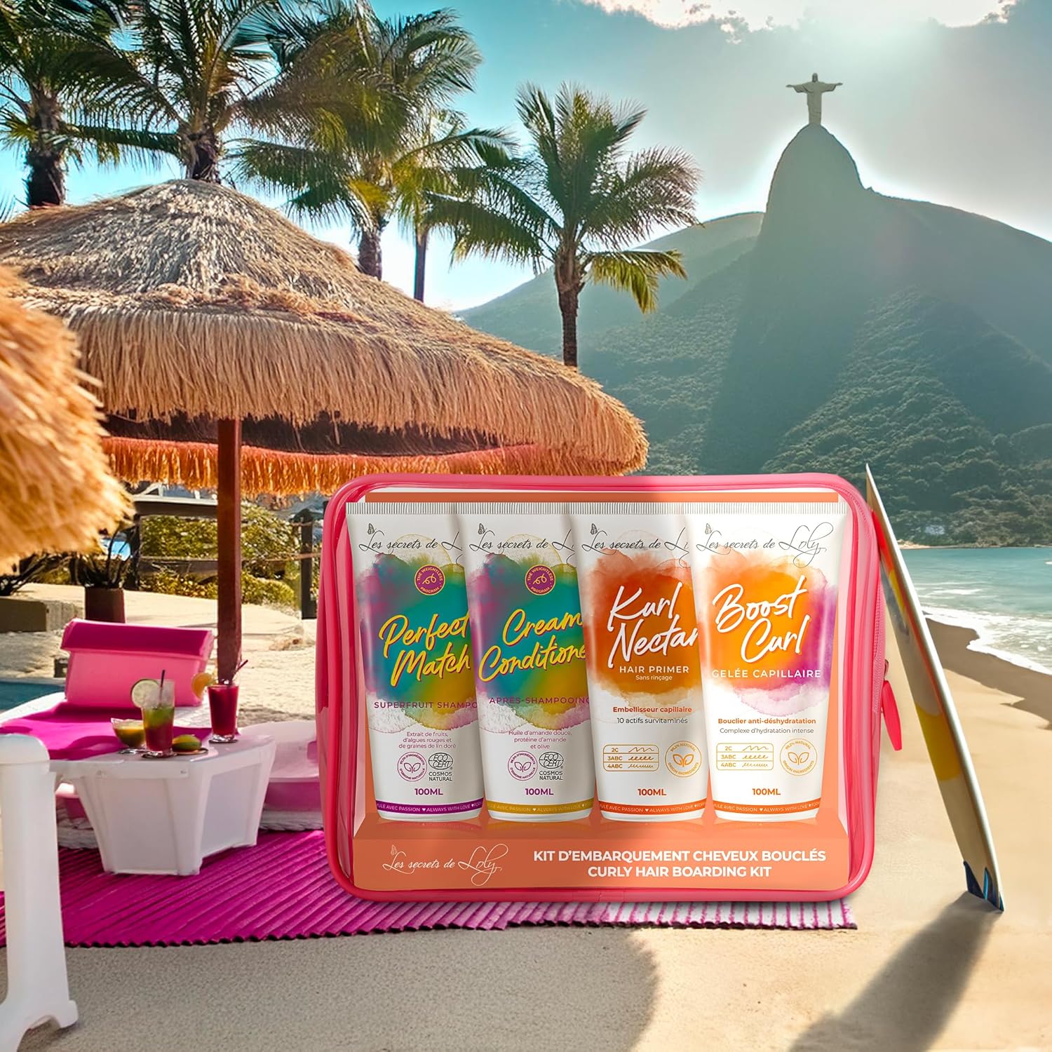 Les Secrets de Loly - Trousse Voyage Cheveux Bouclés - 4x100ml - shampooing, après-shampooing, leave-in, gelée