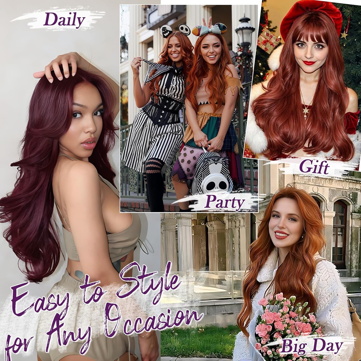 BARSDAR - Extensions à clips série ondulée - 50cm - Rouge Auburn foncé, 5pcs synthétique naturel