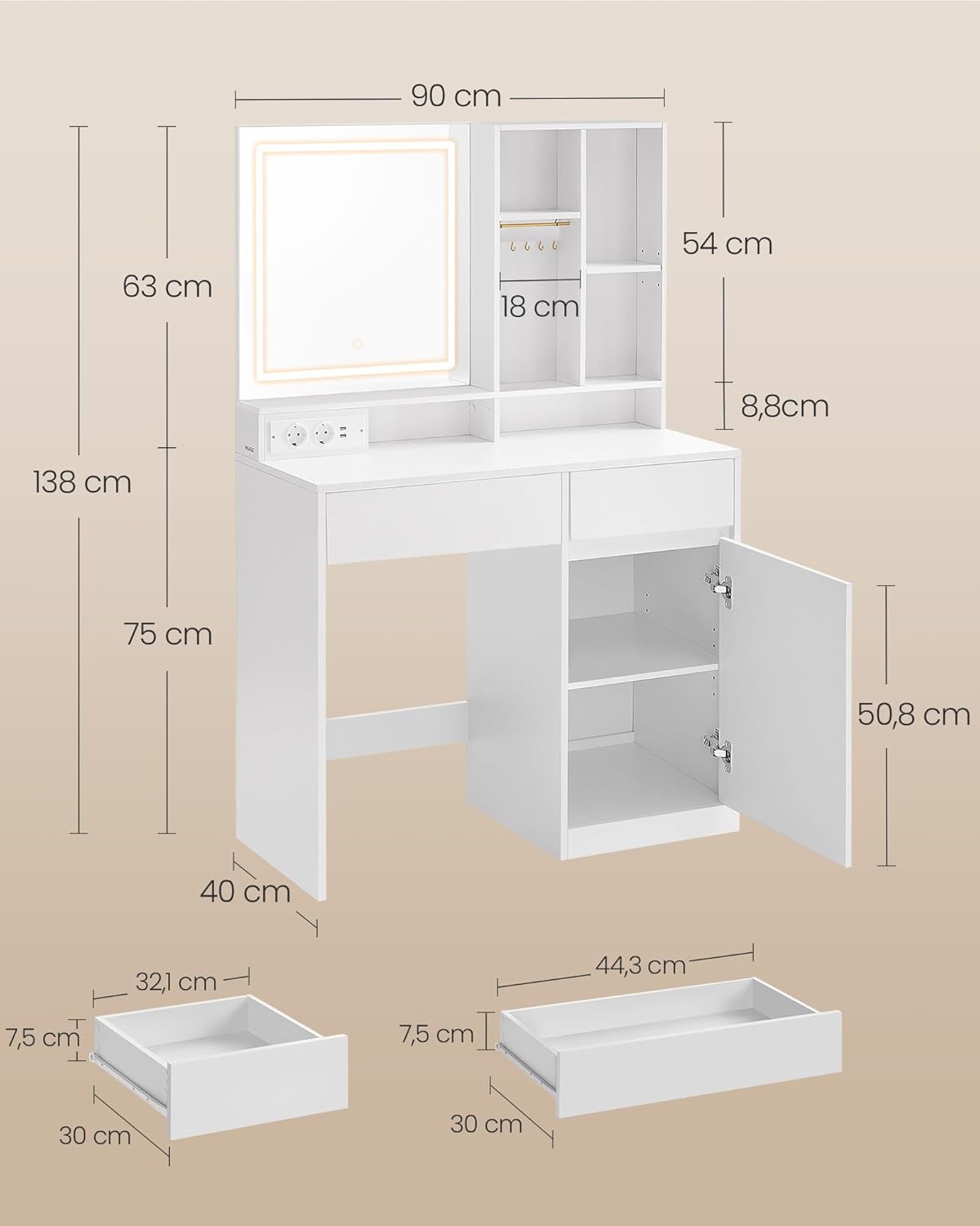 VASAGLE - Kailyn Collection - 90 cm - coiffeuse LED, 3 éclairages, tiroir, multiprise, blanc RDT134WB01