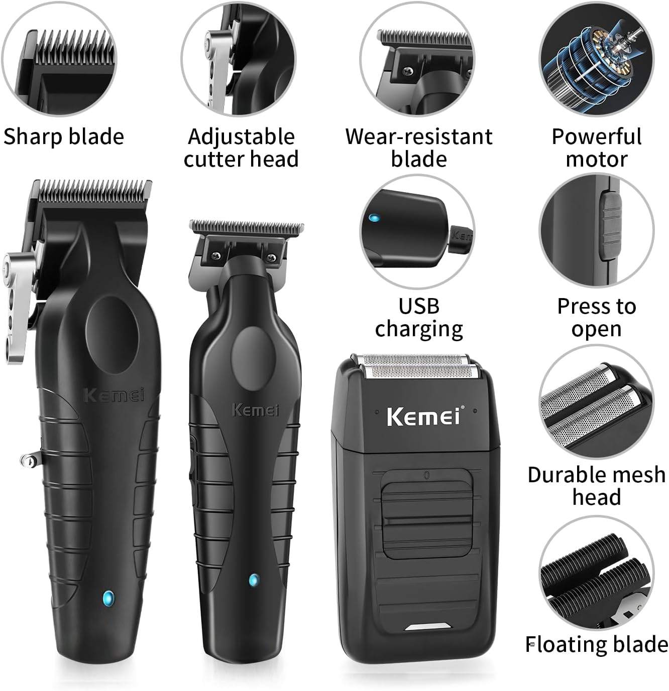 Kemei - tondeuse pro sans fil - aluminium, barbe/cheveux, kit complet