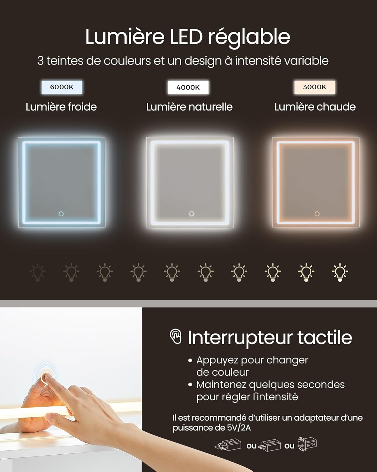 VASAGLE - Kailyn Collection - 90 cm - coiffeuse LED, 3 éclairages, tiroir, multiprise, blanc RDT134WB01