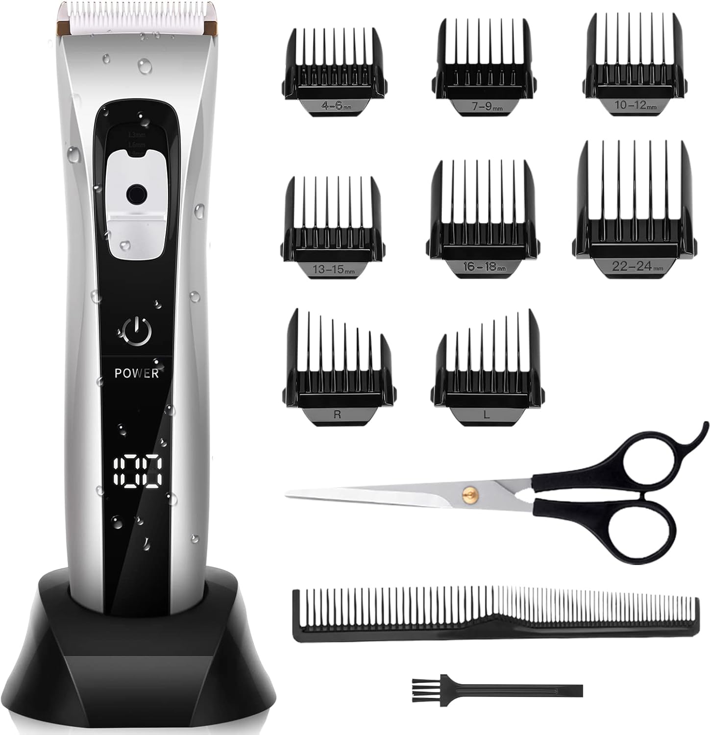 Tondeuse cheveux professionnelle sans fil, lame céramique/titane, 8 sabots, réglable