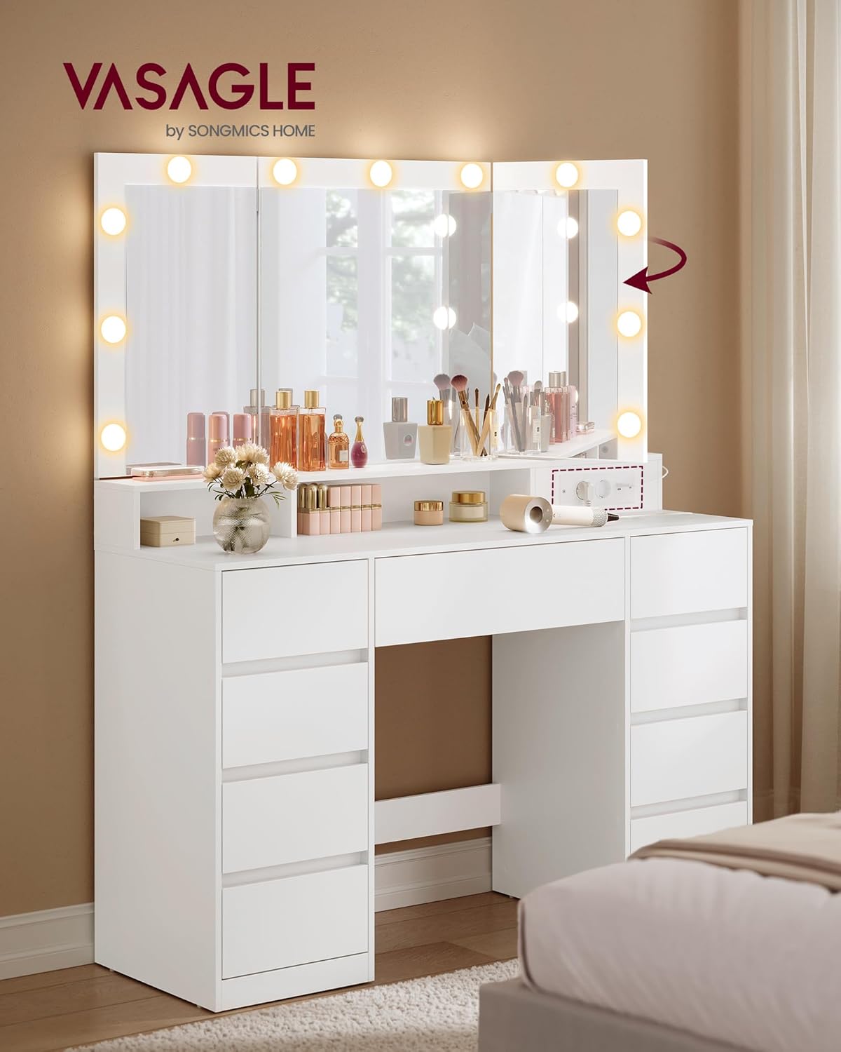 VASAGLE - KAILYN collection - coiffeuse 3 miroirs, 9 tiroirs, multiprise, éclairage LED, blanc - RDT146WB01