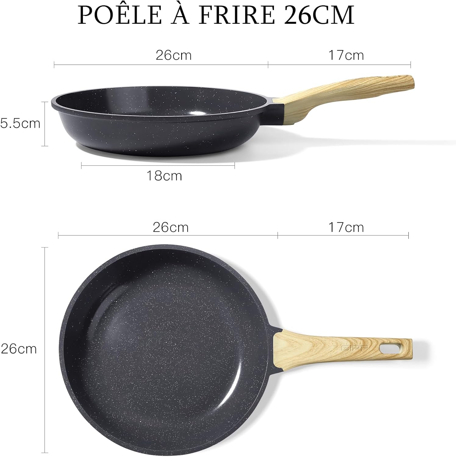 GiPP - poêle à frire granit série, 26cm, antiadhésive, induction, PFAS/PFOA free