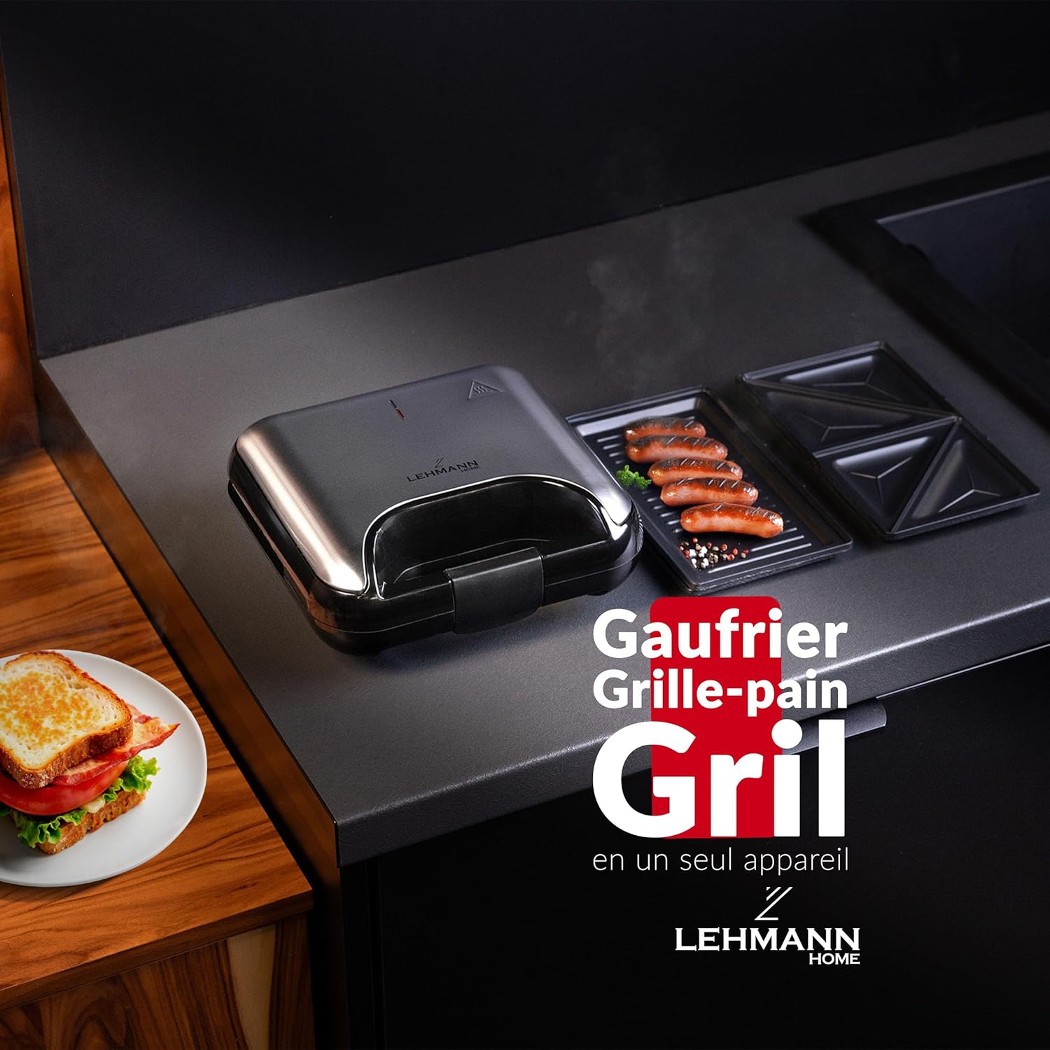 LEHMANN - Appareil 3 en 1 - plaques échangeables - gaufres, panini, croque monsieur, antiadhésif