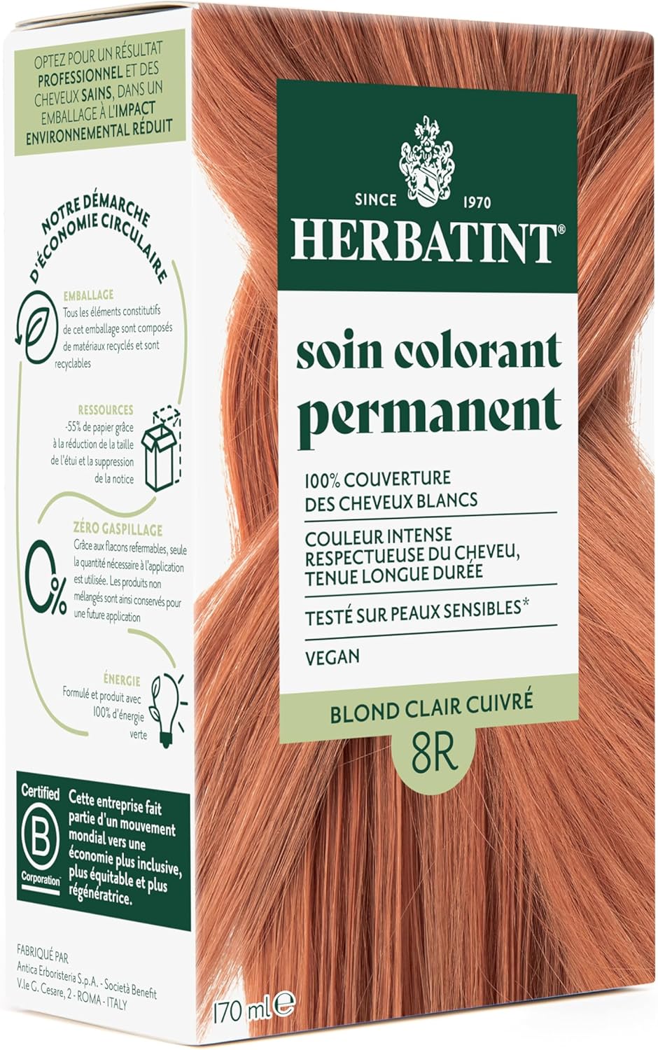Herbatint - Soin colorant cheveux 8R - 170ml - Sans ammoniaque, 100% couvrant, 8 extraits bio
