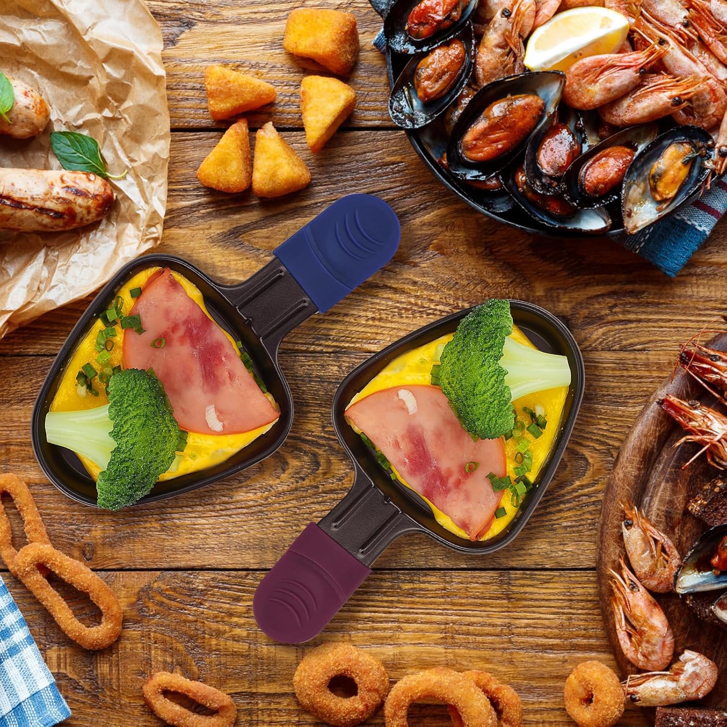 Poêlon à raclette - triangulaire 18x10cm - antiadhésif, 4 pelles bois