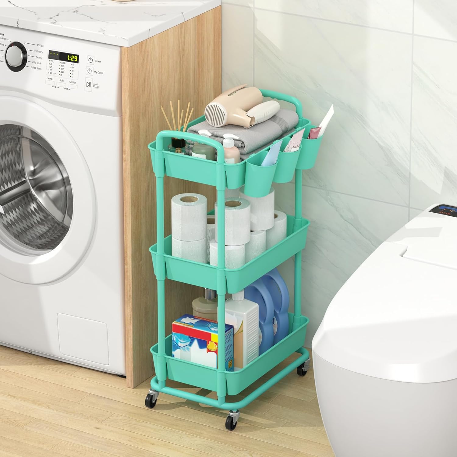 JIUYOTREE - chariot à roulettes 3 niveaux, vert, ventouses, roues verrouillables, compact