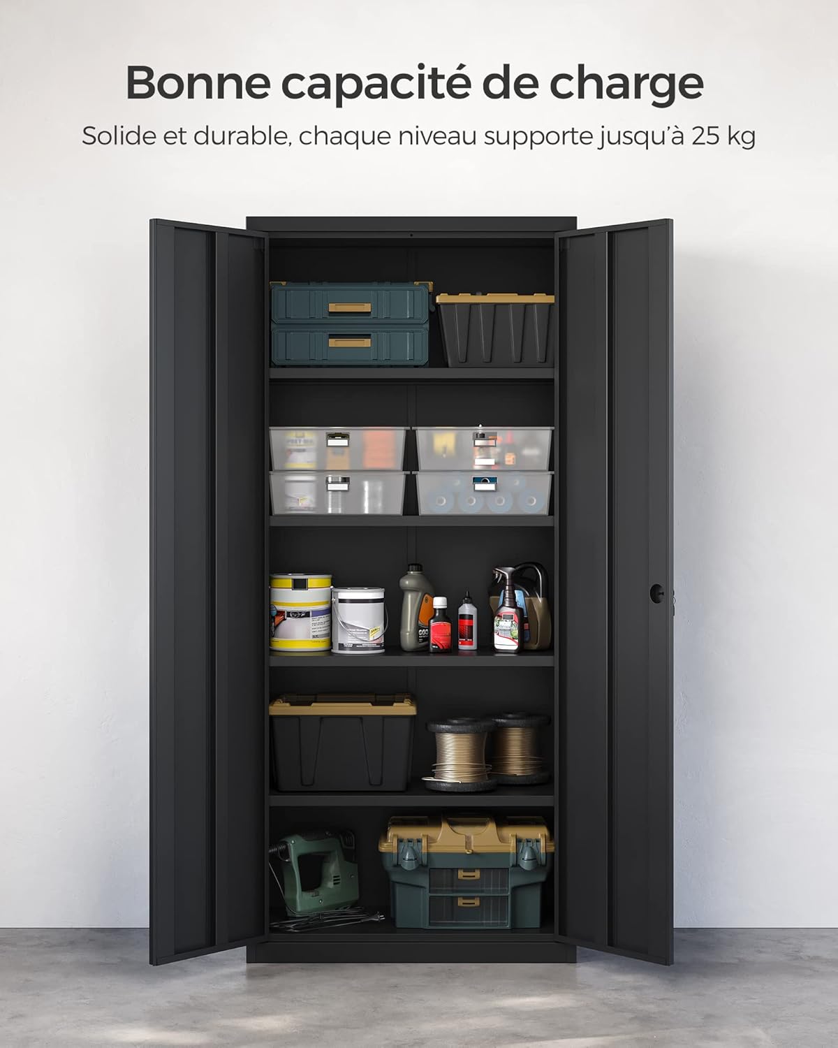 SONGMICS - meuble de rangement acier, 5 niveaux, 40x80x180cm, portes verrouillables, OMC015B01
