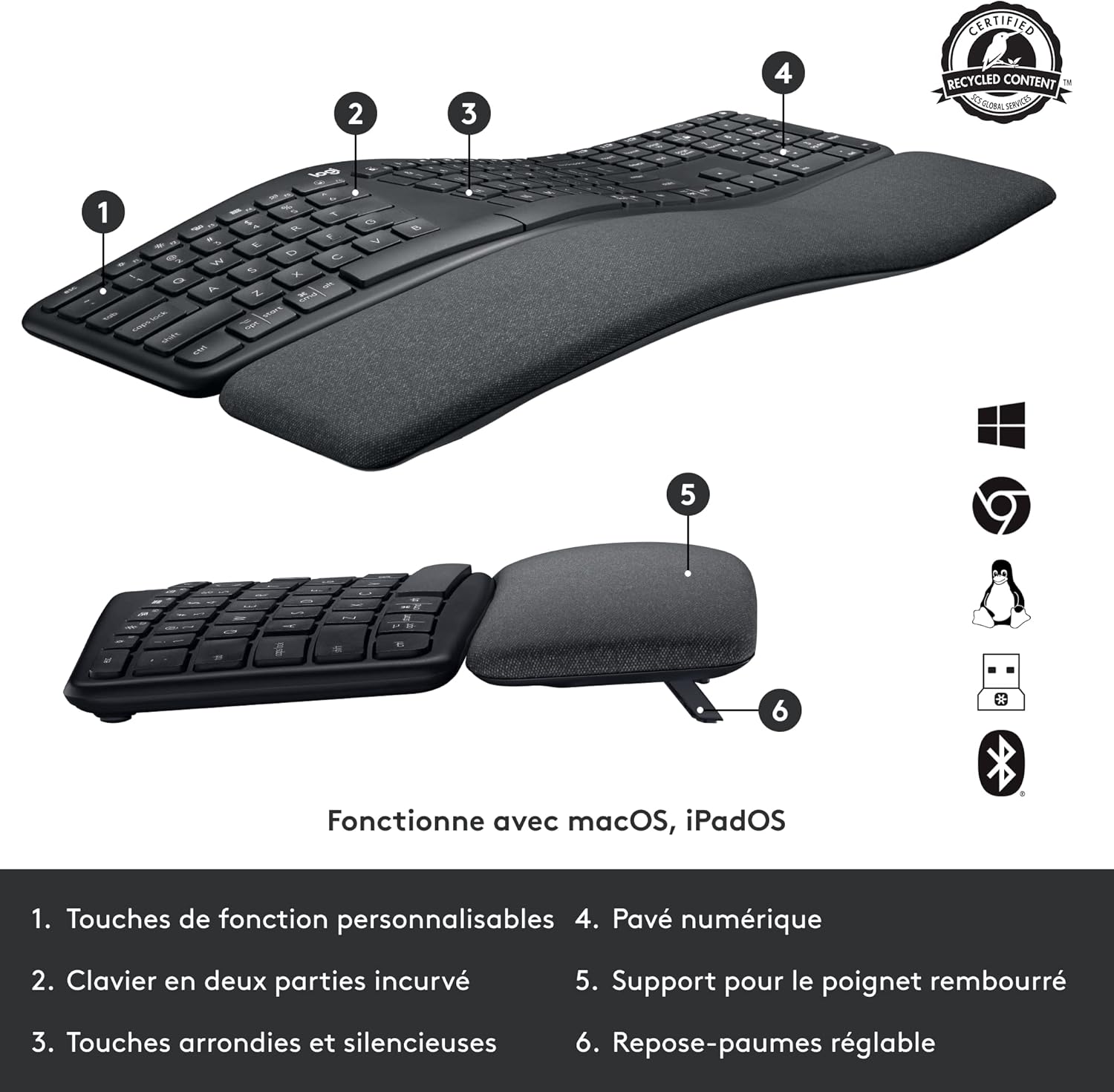 Logitech - Ergo K860 - clavier ergonomique sans fil, souris verticale, multi-OS, AZERTY, gris