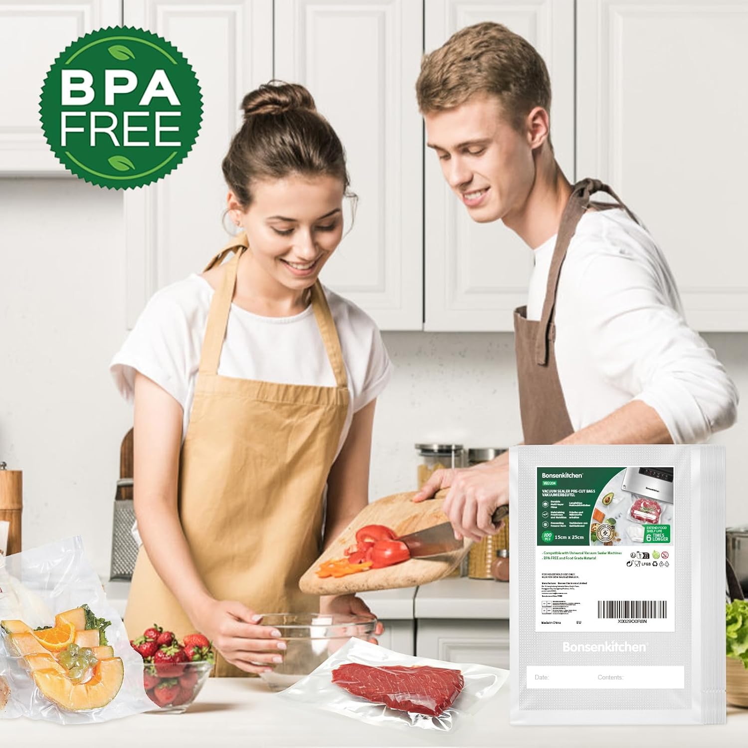 Bonsenkitchen - sacs sous vide (série VB) - 15x25 cm - lot de 100, gaufrés, alimentaires VB3204