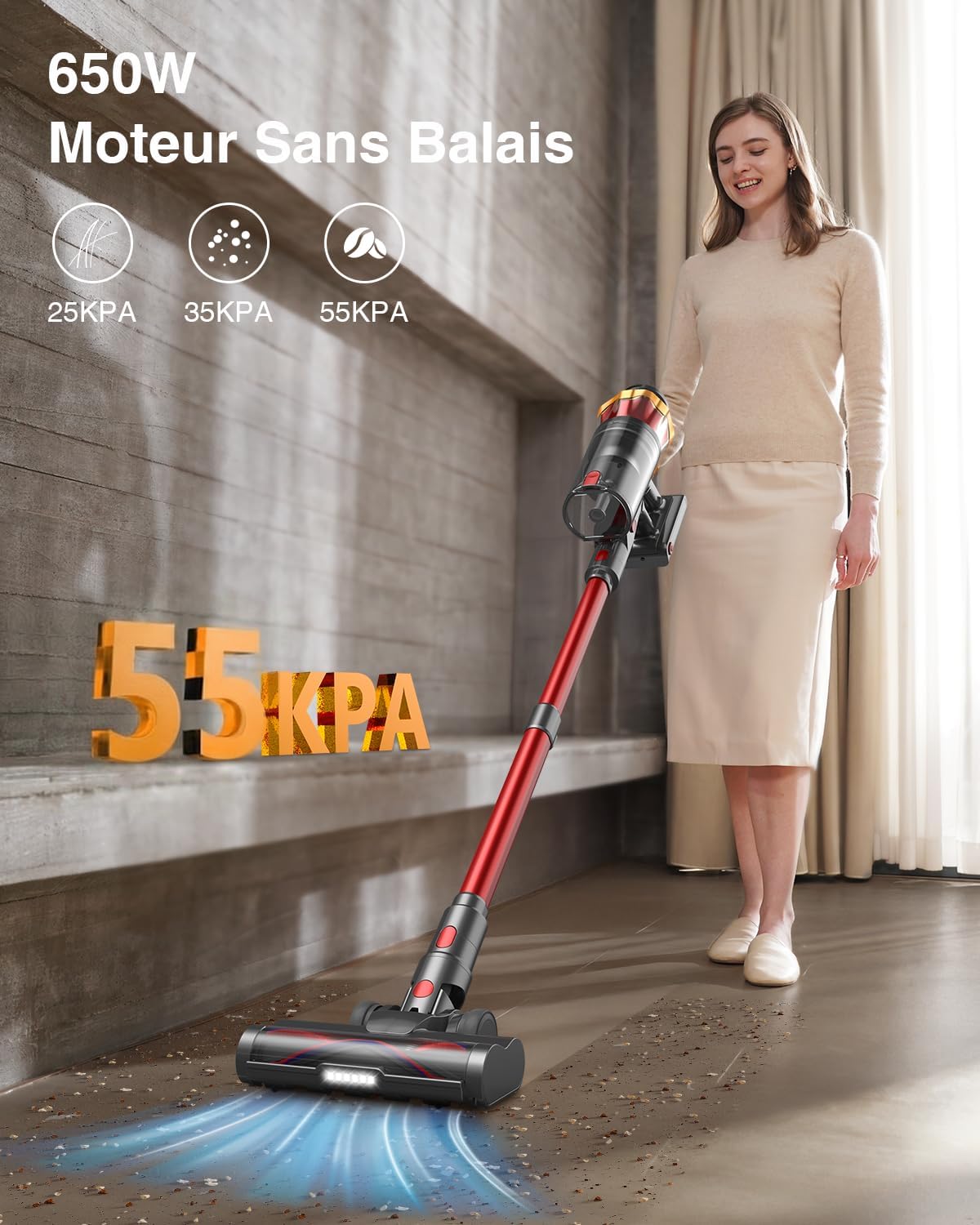 Aspirateur balai sans fil, 1,6L, écran OLED, 70min, 650W, 55KPA