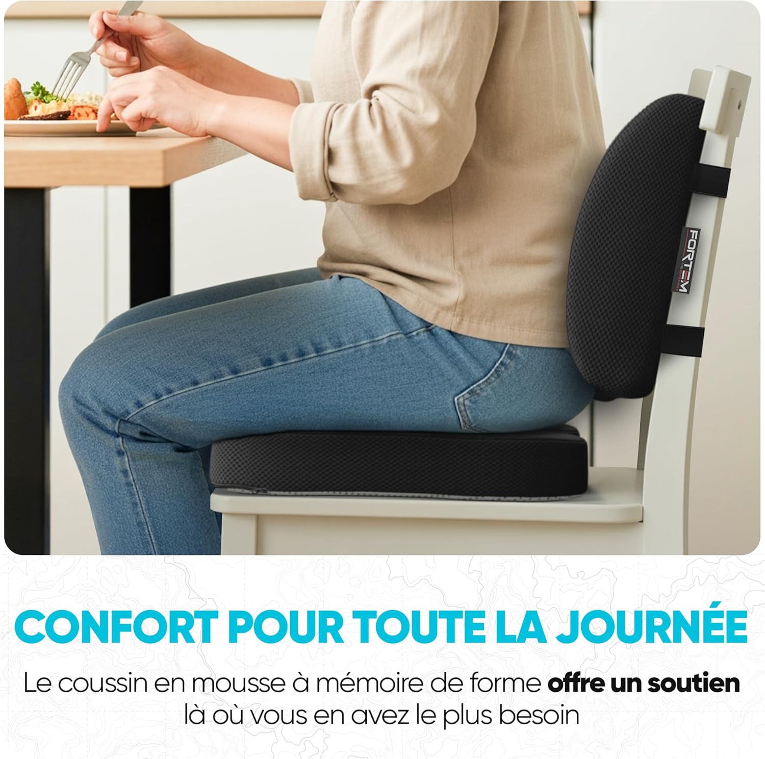 FORTEM - coussin lombaire et assise - mousse mémoire - antidérapant, soutien dos, confort prolongé