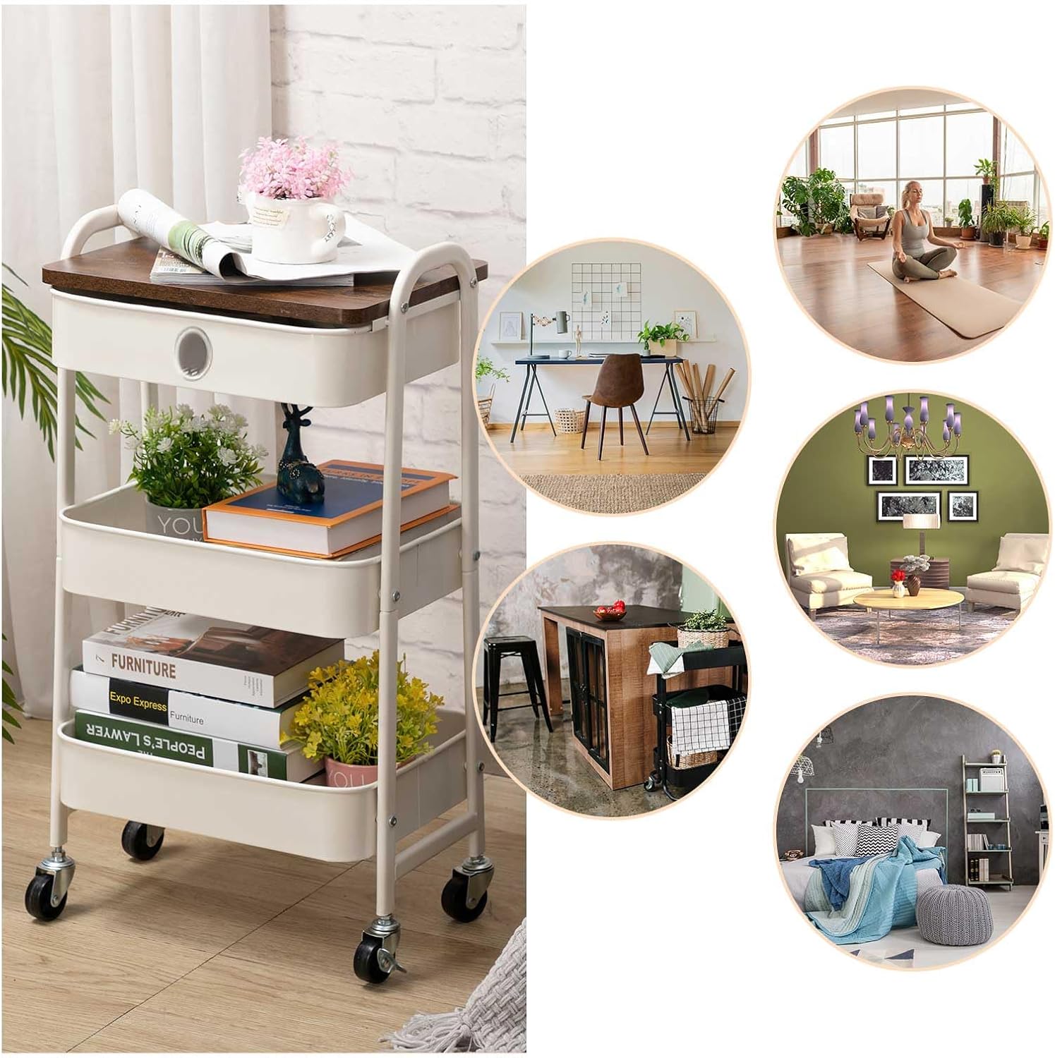 DOEWORKS - chariot rangement 3 niveaux, métal, tiroir, blanc, compact