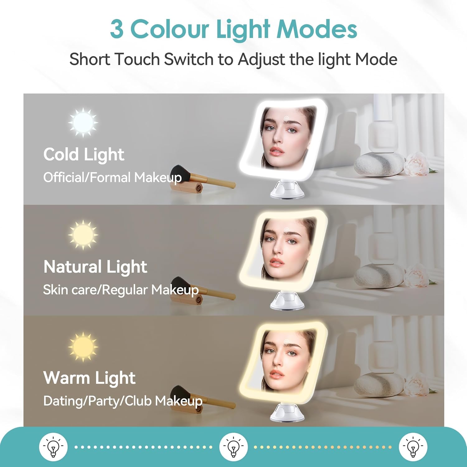 Miroir grossissant - carré 30x - lumineux, tactile, ventouse, rechargeable, rotation 360°