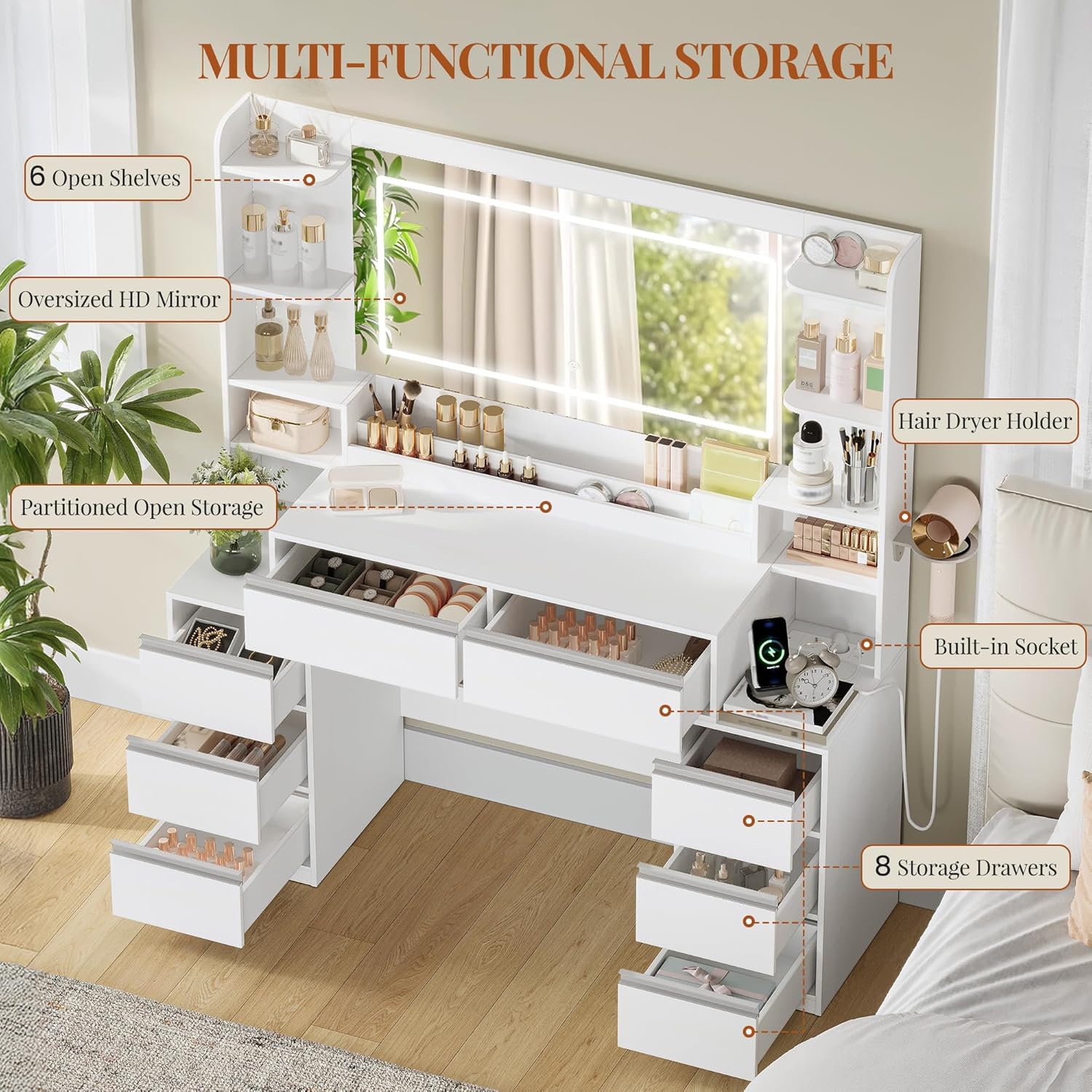 Coiffeuse - 135 cm - miroir LED, 8 tiroirs, prises, blanc-argent