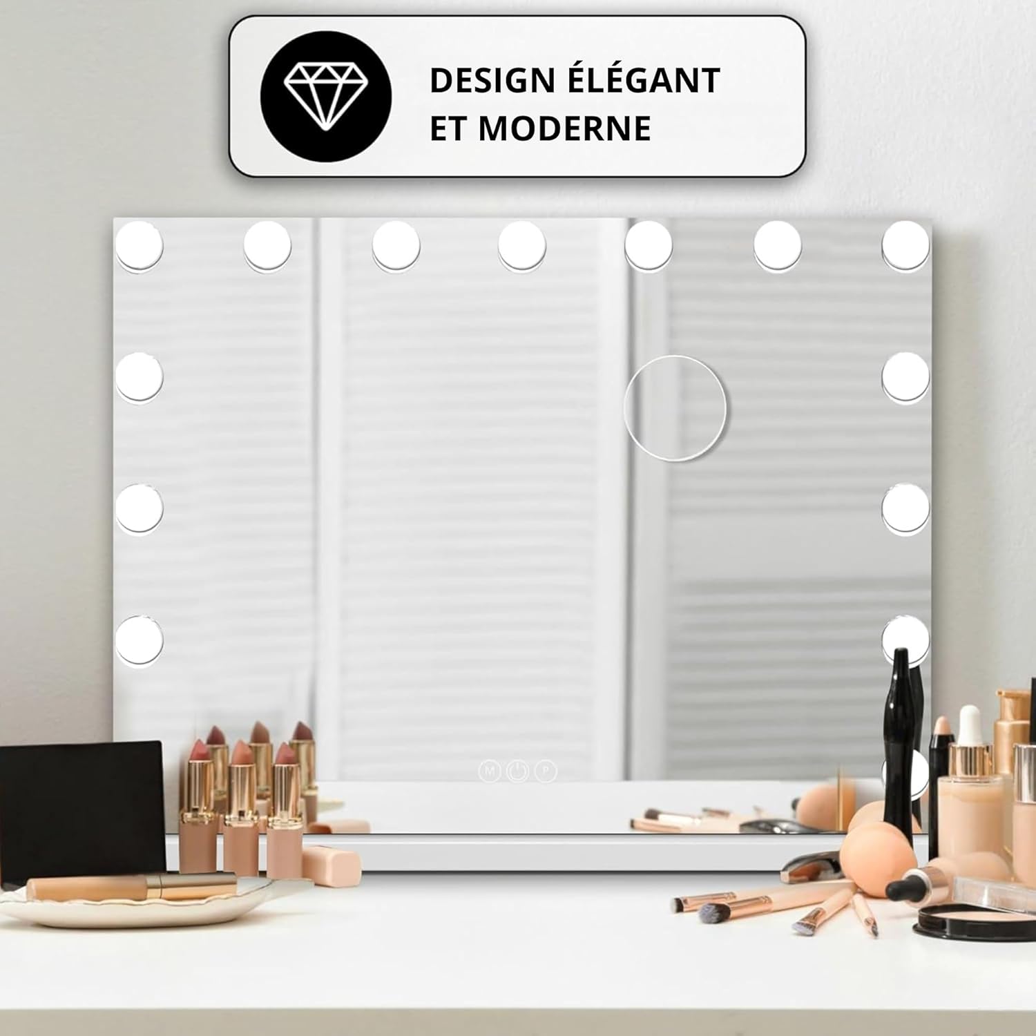Bayt - miroir de maquillage Hollywood - 58x46cm - LED dimmable, grossissement 10x, blanc