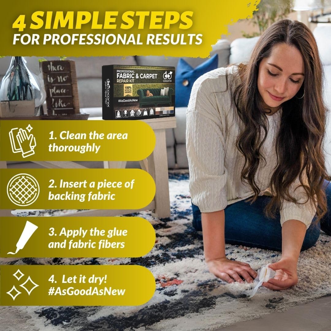 Coconix - Kit de réparation tissu/moquette - couleurs personnalisables, application facile, répare trous et brûlures