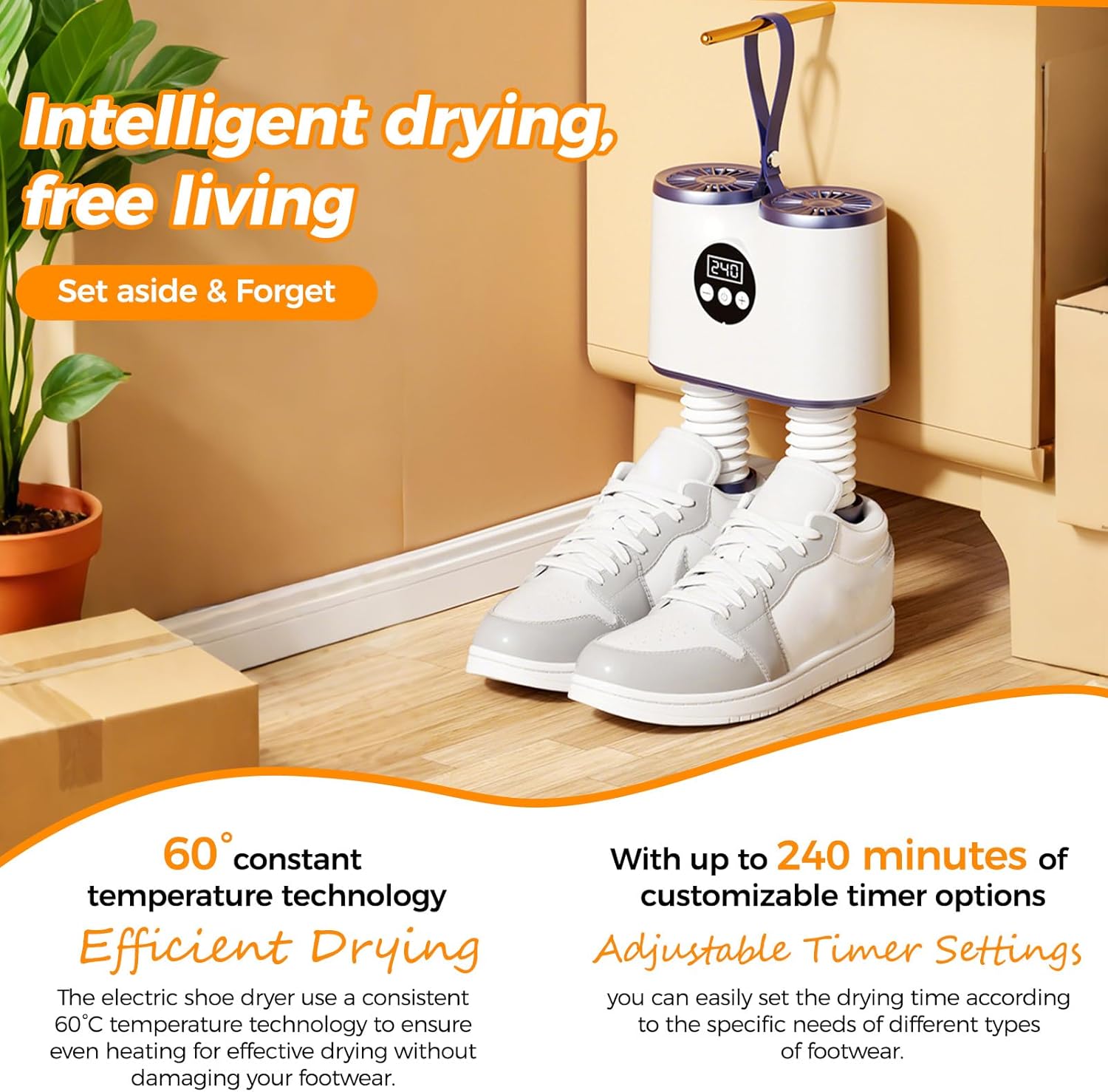 Sèche-chaussures électrique, minuterie, tuyaux extensibles, odeurs, dimensions compactes