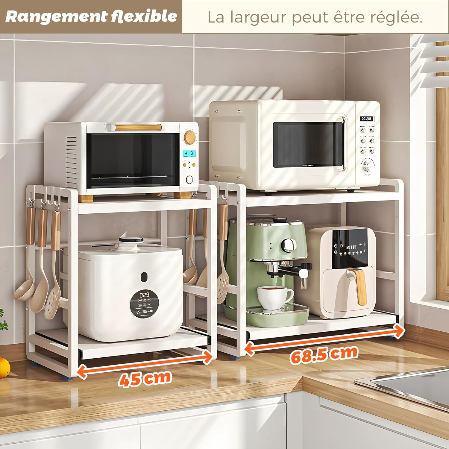 Étagère de cuisine 2 étages - réglable, extensible, tiroir - acier blanc