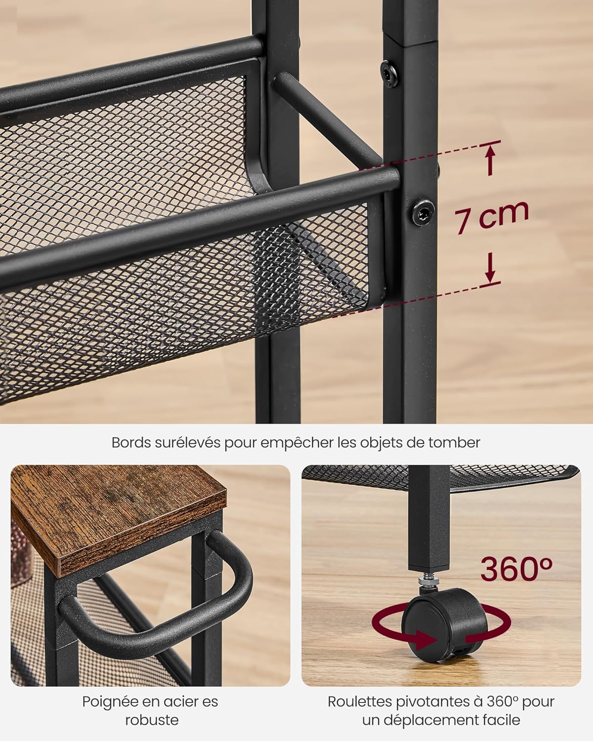VASAGLE - desserte 5 niveaux - 13x45,4x99,6cm - roulettes, acier, poignée, LRC034B01