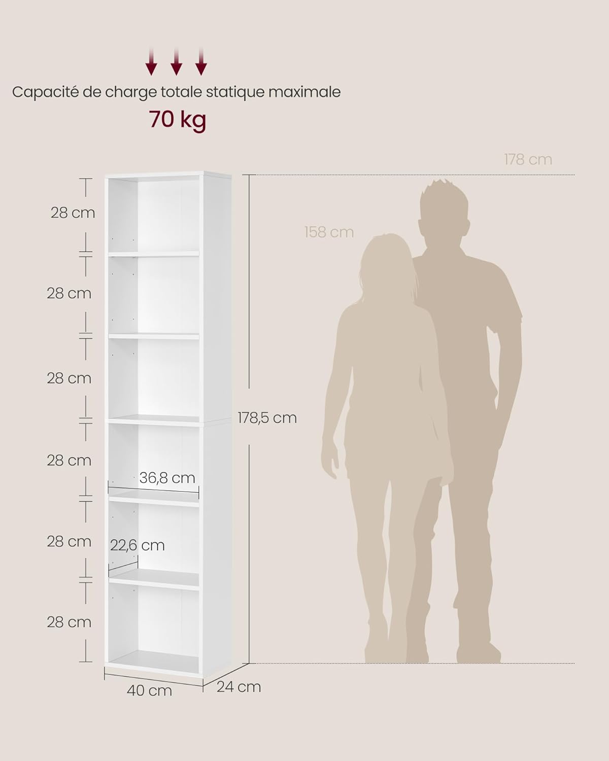 VASAGLE - bibliothèque 6 niveaux - 24x40x178,5 cm - rangement ouvert - LBC167T14