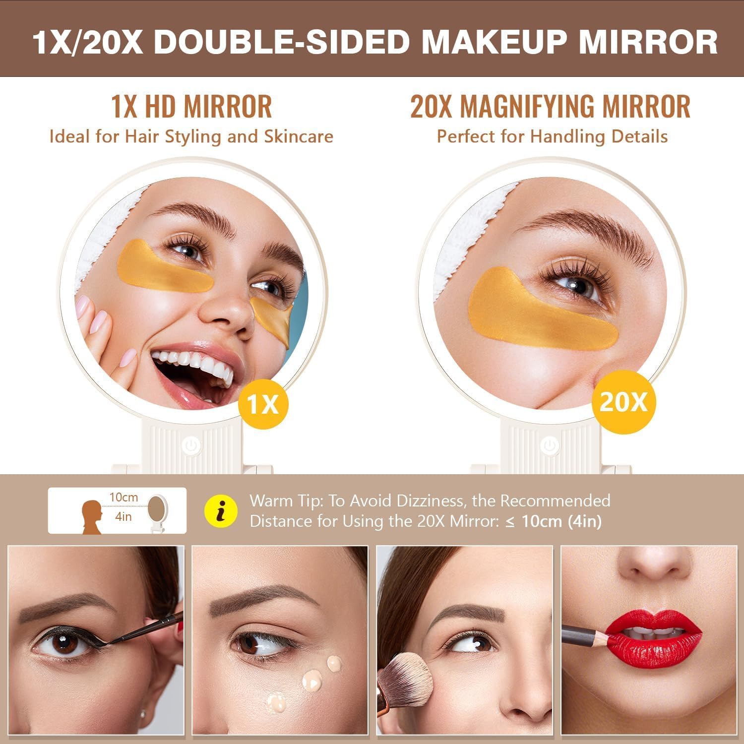 Auxmir - miroir double face, 20X/1X, LED, rechargeable, pliable, portable