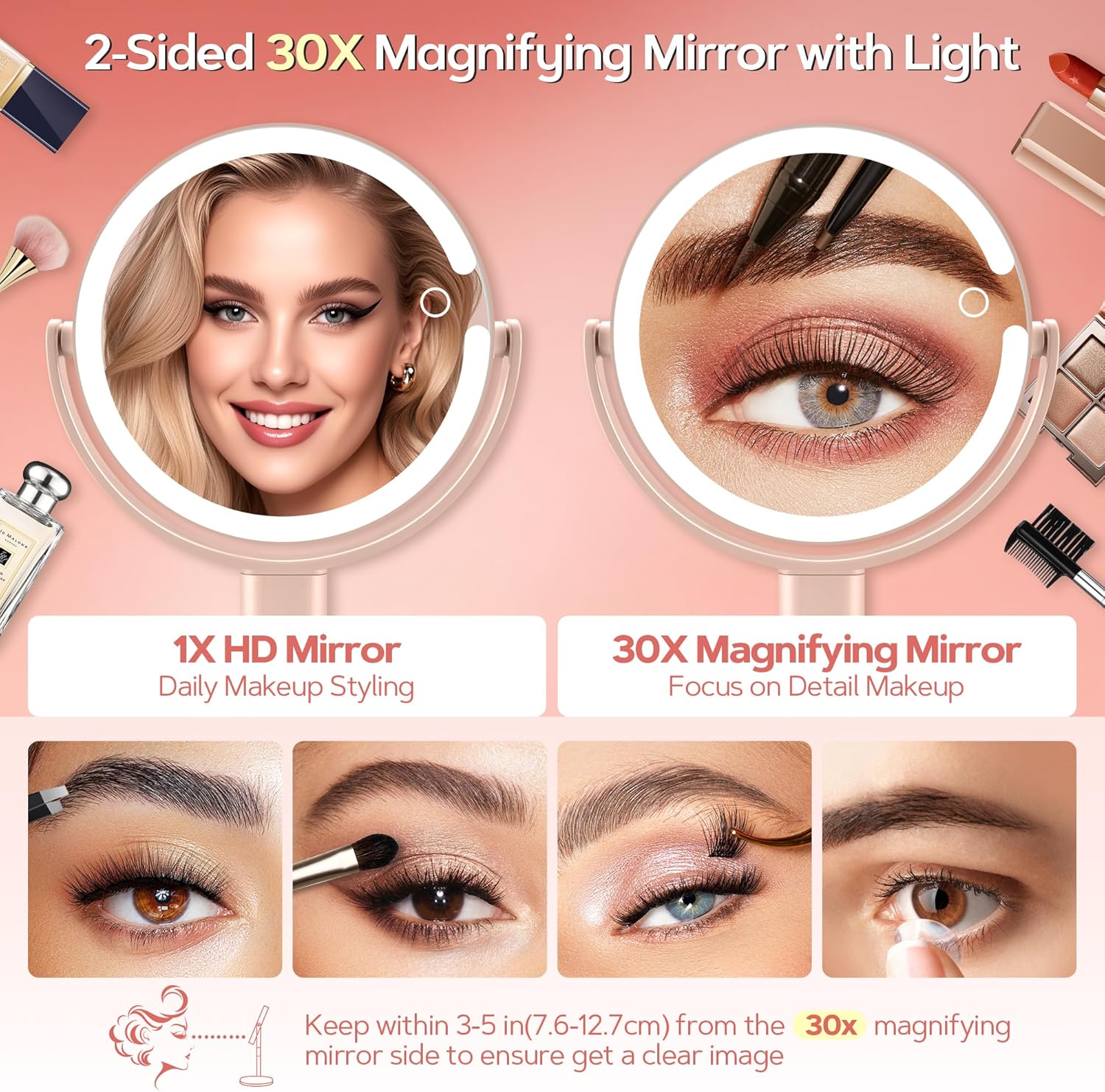 B Beauty Planet - miroir maquillage LED 30X, 2 côtés, 3 lumières, rose