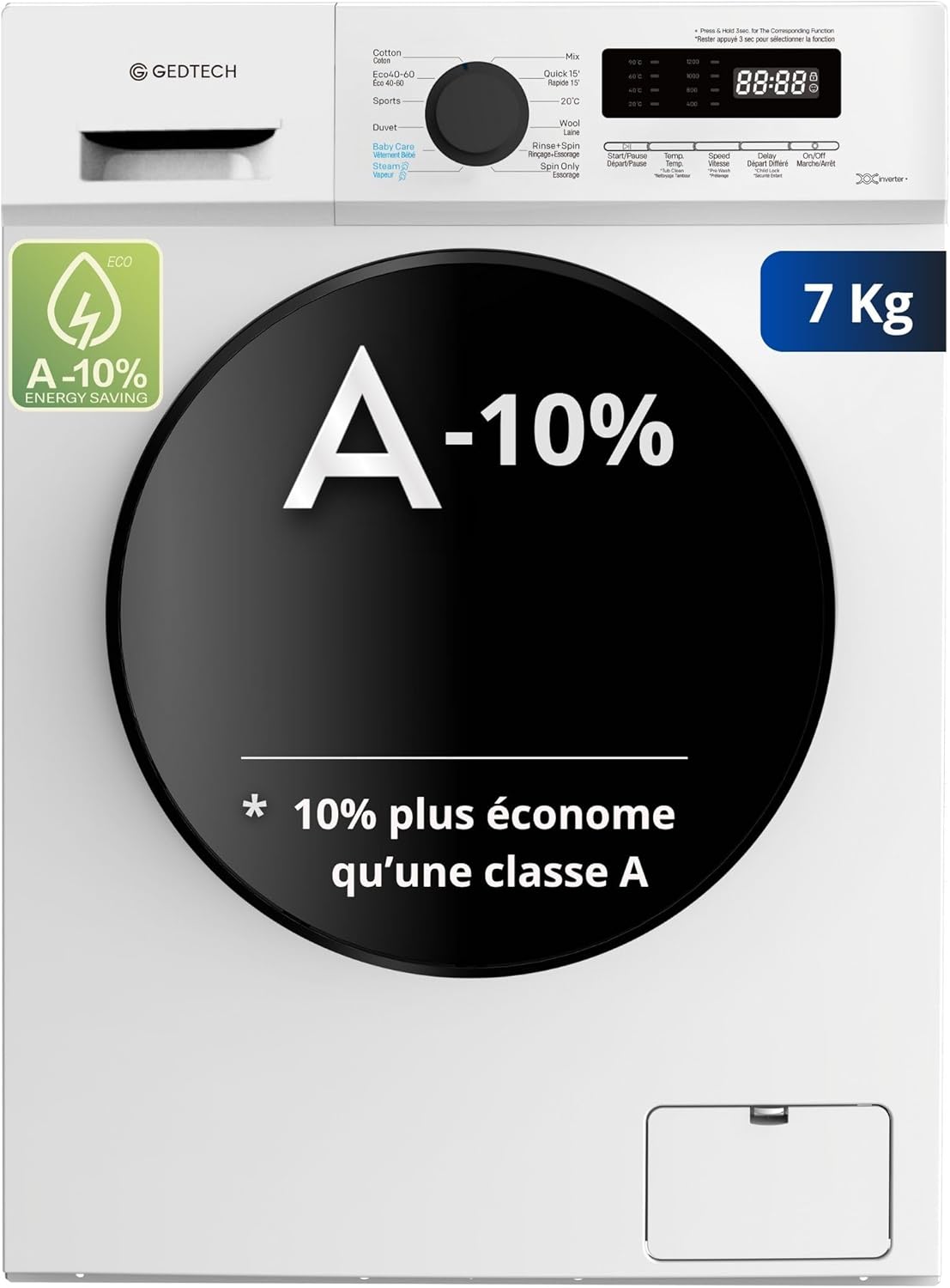 GEDTECH - Lave-linge frontal 7kg 1200tr/min Eco 16 programmes GLL71200WH