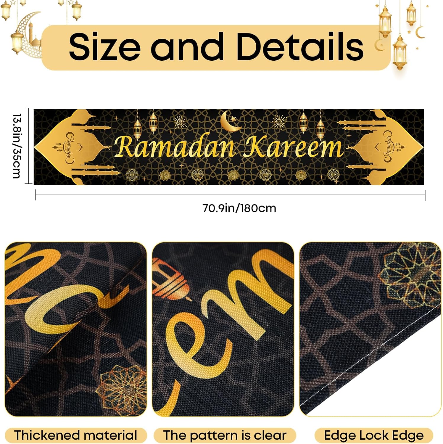 Nappe Ramadan - décor noir et doré 35x180cm, déco musulmane