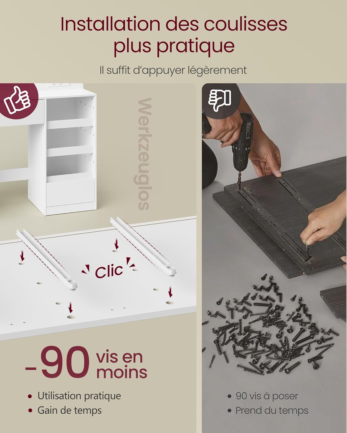 VASAGLE - Kailyn Collection - coiffeuse LED, 9 tiroirs, blanc, RDT141WB02