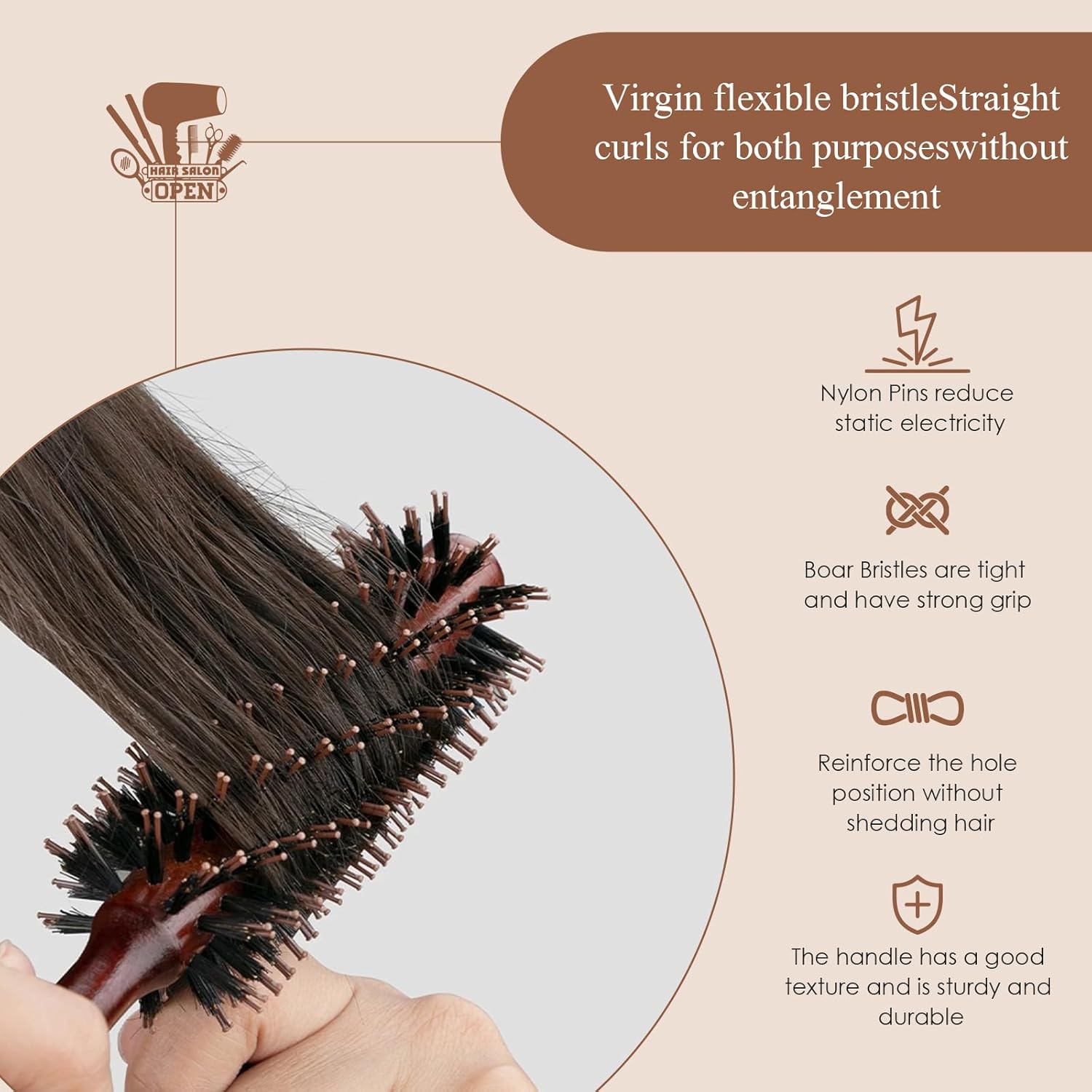 Brosse ronde - poils de sanglier - coiffage et séchage efficaces