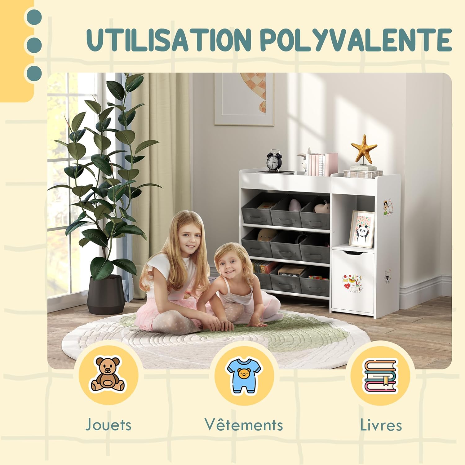 AIYAPLAY - étagère enfant 9 tiroirs tissu et placard, rangement jouets, blanc