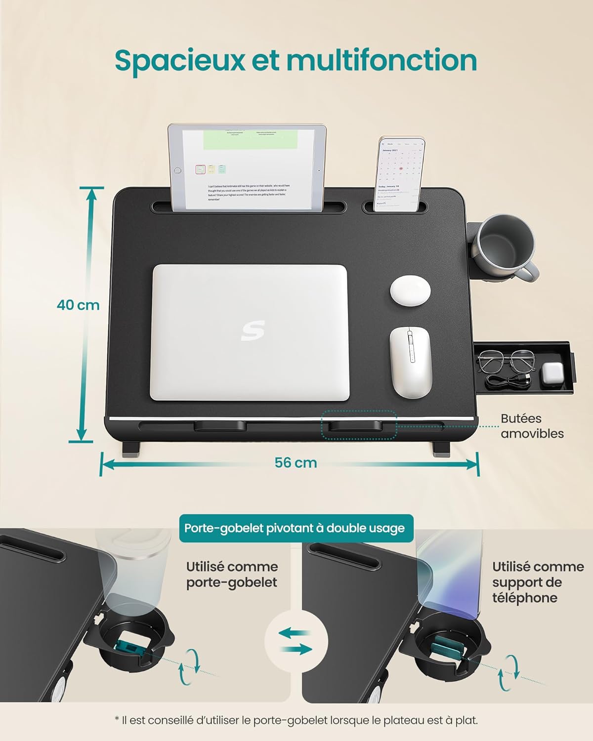 SONGMICS - table de lit pliable 56x40cm, hauteur et inclinaison réglables, porte-gobelet, LLD113BC01